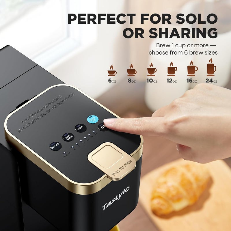 Tastyle Single Serve Coffee Maker, Iced and Hot Coffee Machine for K Cup & Grounds, Compact Design, 40oz Removable Water Reservoir, 6 to 24 Oz Brew Sizes, Fits 7.3" Travel Mug, Black+Gold - Image 5